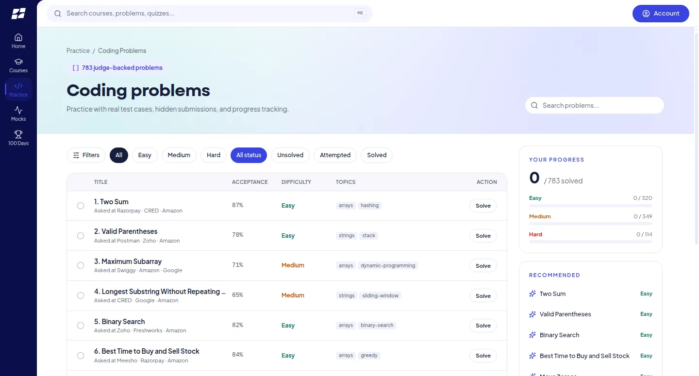 Handshake coding problems list with difficulty, acceptance, topics and progress tracking