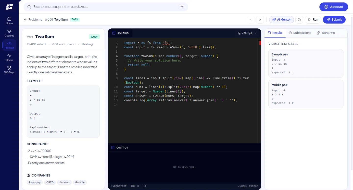Handshake code workspace — problem statement, Monaco editor and visible test cases side by side